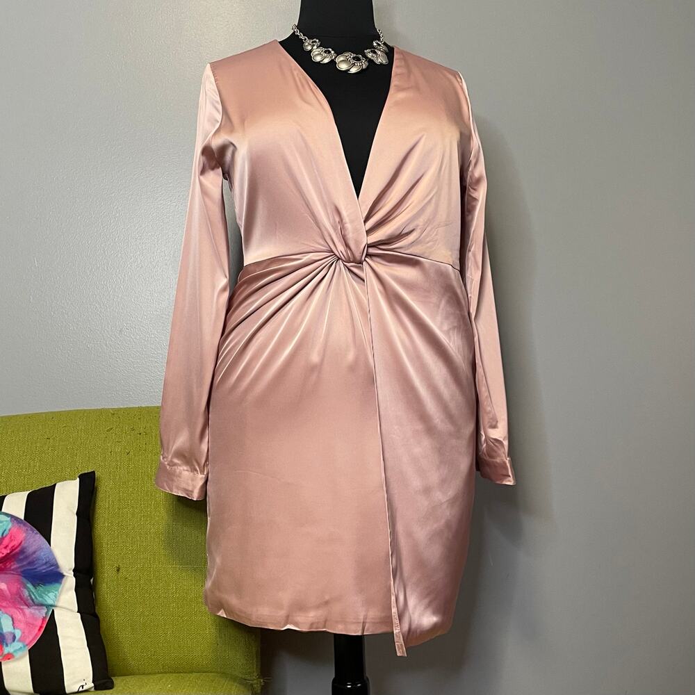 Fashion Nova Blush Pink Satin Sugar Free Long Sleeve Plunge Dress NEW 1X